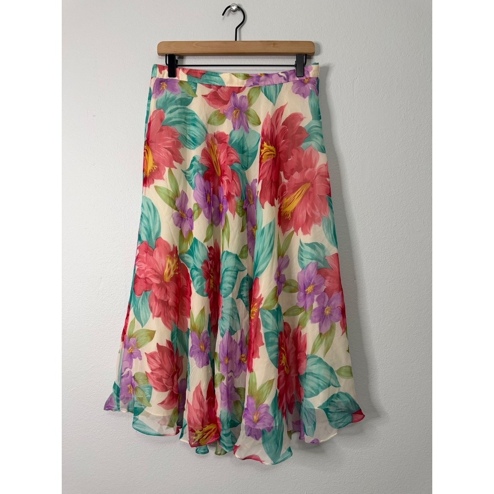 Vintage 1980's - 100% Silk Floral Midi Skirt Flirty Feminine Spring Outfit